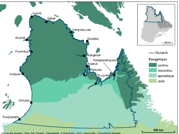 Figure 1. Localisation des différentes communautés du Nunavik et distribution du pergélisol