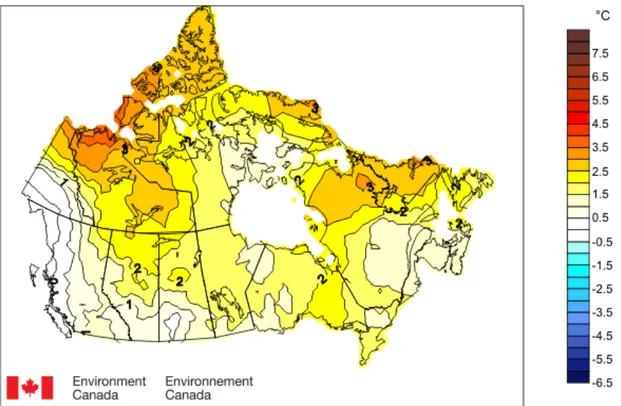 Figure 2. Anomalies de la température par rapport à la normale – Été (juin, juillet, août) 2012  (Environnement Canada, 2012)