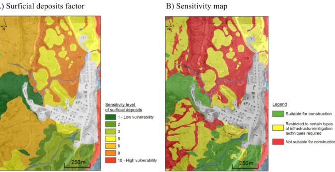 Figure  10.  A)  Map  of  the  sensitivity  levels  given  to  the  surficial  deposits,  a  key  factor  in  the  thaw-settlement  and  mass  movements  processes  in  warming  permafrost  areas;  B)  Final  sensitivity map resulting from the multi-criter