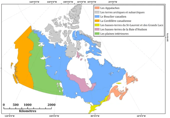 Figure 2. Cartographie des sept grandes régions physiographiques du Canada incluant les Appalaches,  les Terres arctiques et subarctiques, le Bouclier canadien, la Cordillère canadienne, les basses-terres du  St-Laurent et des Grands Lacs, les basses-terre