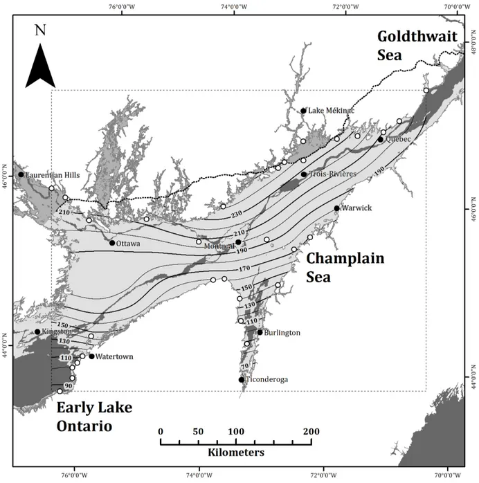 Figure 9. Spline with tension interpolation (1 st  derivative weighting factor of 0.05) model of the Champlain Sea  maximum extent according to paleo beach ridge sequences visually identified with LiDAR-derived RSMs