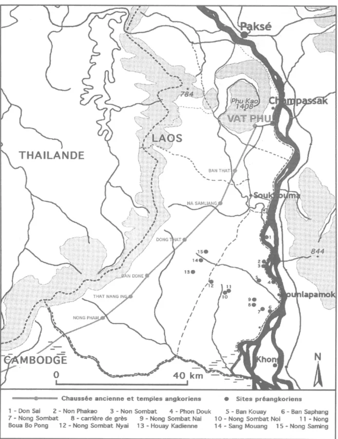 Fig.  1  - Zone de prospection dans la province de Champassak :  position des sites  (Carte et photos  :  Marielle Santoni  ;  dessins  :  Jean-Pierre Message) 