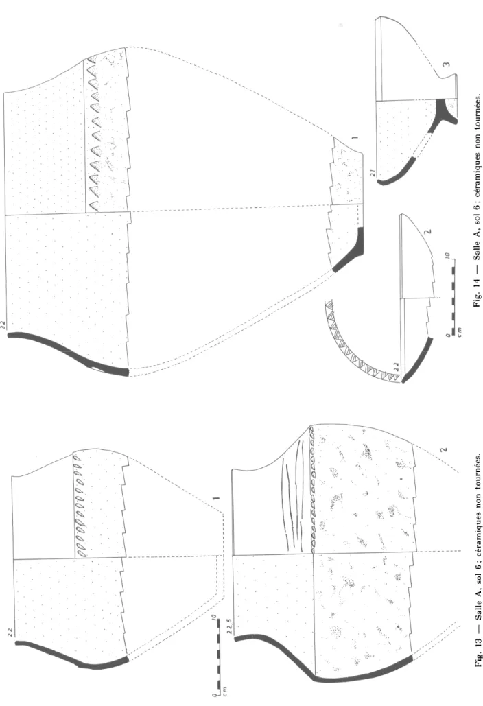 Fig.  13  —  Salle A,  sol 6;  céramiques non  tournées.  Fig.  14 —  Salle  A,  sol  6; céramiques  non  tournées