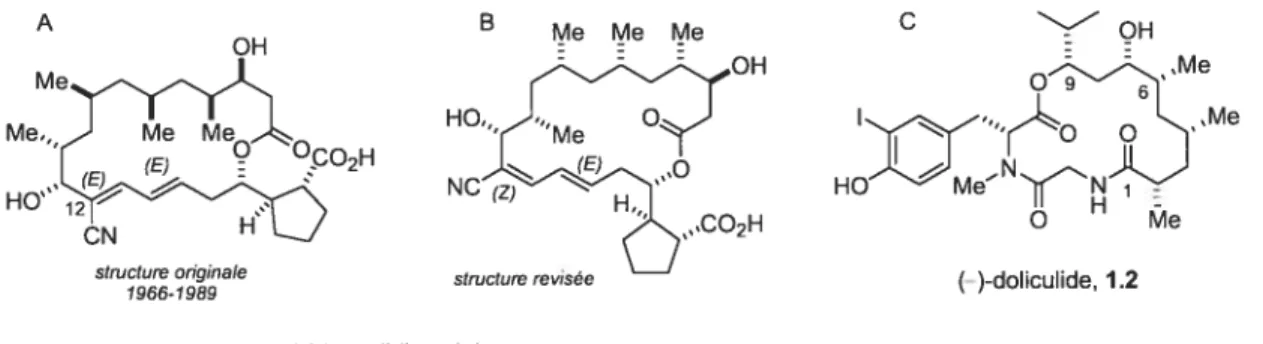 Figure 1.1 Structures chimiques de la borrelidine 1.1 et de la doliculide 1.2.