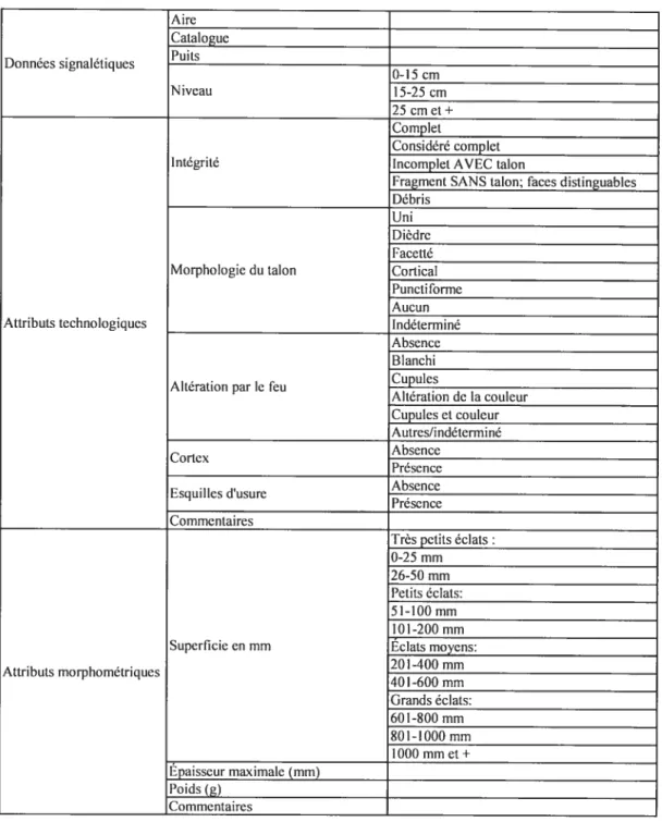 Tableau IV. Grille d’analyse du débitage Aire Catalogue ..,. Puits Donnees signaletiques O-15 cm Niveau 15-25 cm 25 cm et + Complet Considéré complet