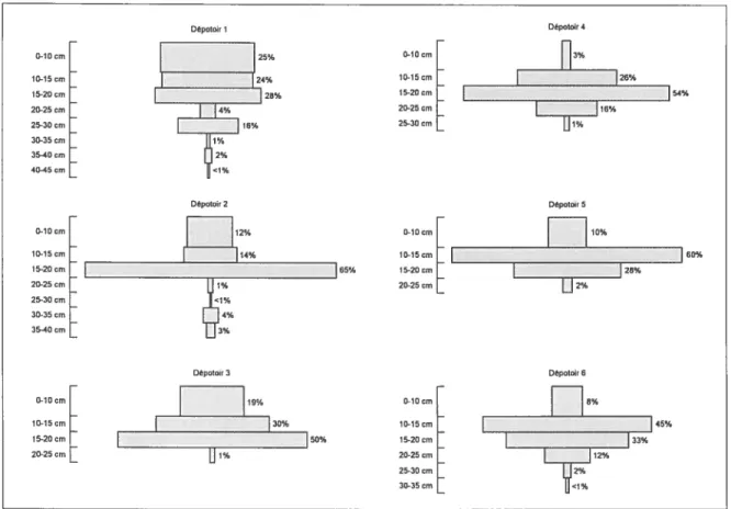Figure 2.21: Profils d’accumulation verticale des restes (d’après Cossette 1995: 191-195).