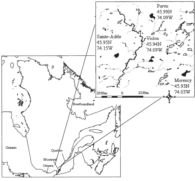 Figure 1: Map of the Canadian Shield lakes studied in the Laurentians, Québec, Canada.