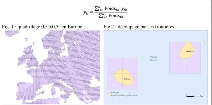 Fig. 1 : quadrillage 0,5°x0,5° en Europe                 Fig.2 : découpage par les frontières  