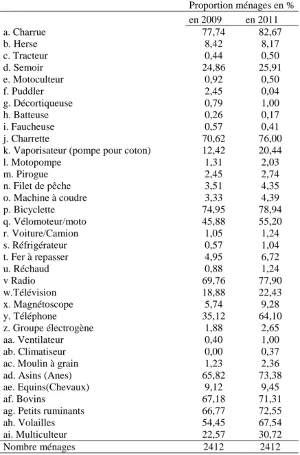 Tableau 5 : Détention de biens et actifs par les ménages 