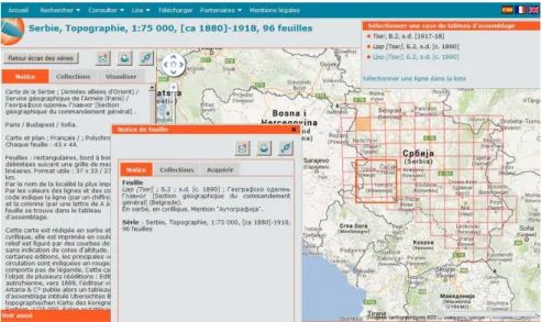 Figure 4. Ecran du site web CartoMundi. Partagé en plusieurs fenêtres, l’écran permet de visualiser  à la fois une notice de série, un tableau d’assemblage et la notice de la feuille qui correspond à la  case repérée en couleur sur le tableau