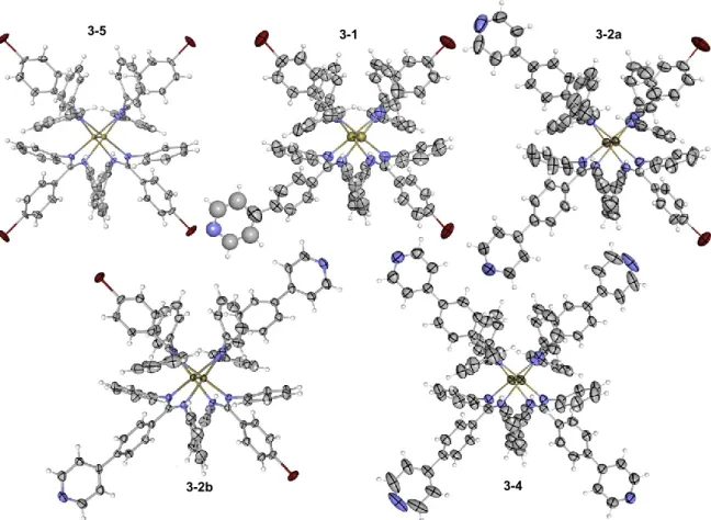 Figure 3.2. ORTEP view of the X-ray crystal structures of 3-5 62  (top-left), 3-1 (top-center),  3-2a (top-right), 3-2b (bottom-right), and 3-4  (bottom-left) viewed at a 15° angle from the  Rh–Rh axis  (50% probability displacement ellipsoids;  solvent an