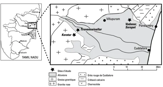Fig. 1 : Localisation des sites mentionnés dans le texte et formation géologique