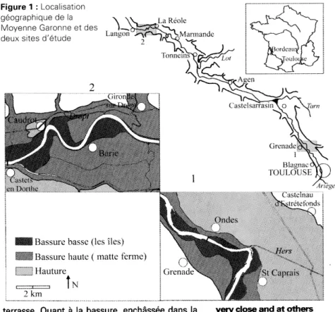 Figure 1  :  Localisation  géographique de la x  Moyenne Garonne et  des  .  V  deux sites d'étude 