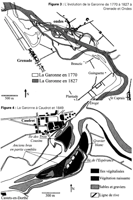 Figure 3 :  L'évolution de la  Garonne de 1770 à 1827 à  Grenade et  Ondes 