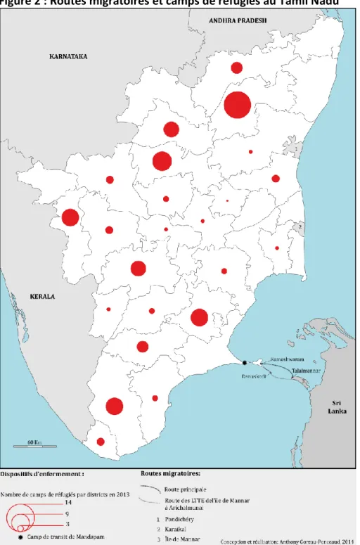 Figure 2 : Routes migratoires et camps de refugiés au Tamil Nadu 