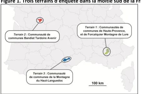 Figure 1. Trois terrains d’enquête dans la moitié sud de la France 