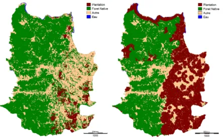 Figure 4. Occupation du sol en 2008 (à gauche) et scénario normatif intensif en  2026 (à droite) 