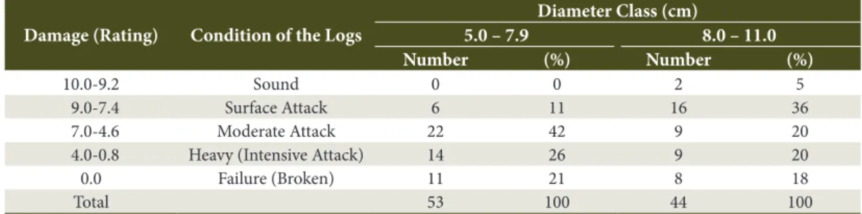 Table 7. Assessment of the condition of Sabiá logs (Mimosa caesalpiniifolia) for each diameter class.