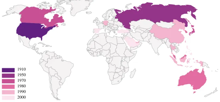 Figure 8 : Date de construction du 1er gratte ciel du pays, faisant en 2009 partie des 200 plus grands du  monde (Source : Emporis database, 2009)