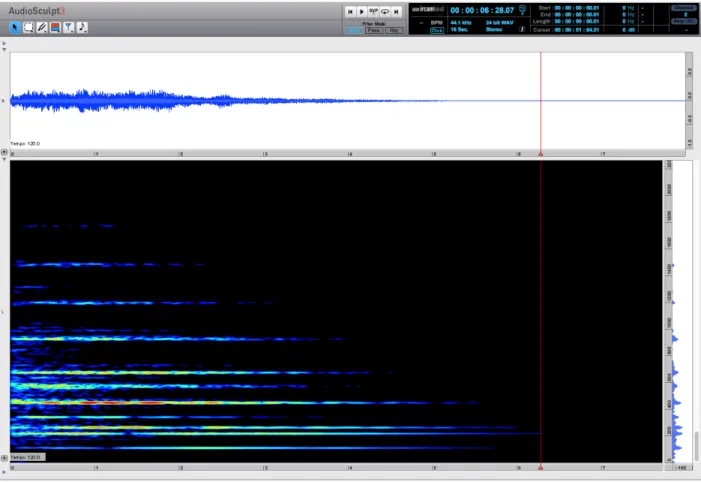 Figure 1 : Sonogramme d’un son de cloche - Capture d’écran du logiciel Audiosculpt