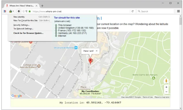 Figure 4.3 – Détermination de localisation en utilisant Tor pour l’anonymisation Tel qu’illustré dans la figure 4.3, même si Tor anonymise la requête en la passant par des clients situés au Royaume-Uni, en France et en Allemagne respectivement, le fait qu’