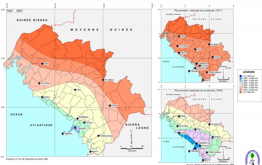 Figure 3 : Précipitations moyennes, maximales et minimales en Guinée Maritime entre 1967 et 1997 