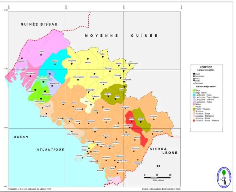 Figure 4 : Ethnies majoritaires et langues usuelles de la Guinée Maritime 