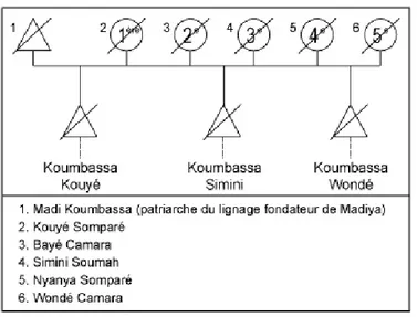 Figure 6 : Figuration de la formation et la transmission d'un qualificatif  nominal de lignée à partir des épouses du patriarche (Koumbassa à Madiya) 