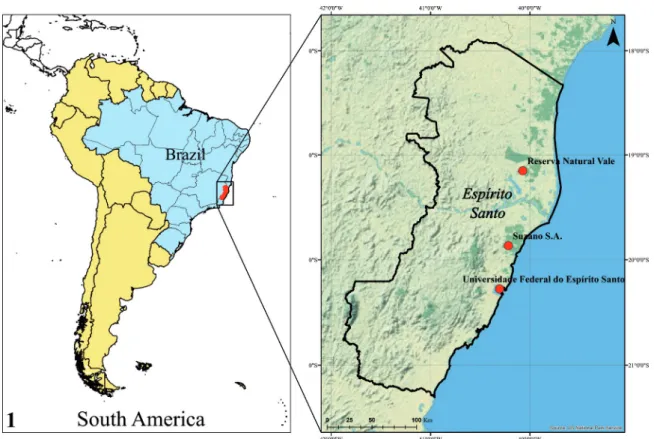 Figure 1. Map showing the location of the state of Espírito Santo and institutions with entomological collections.