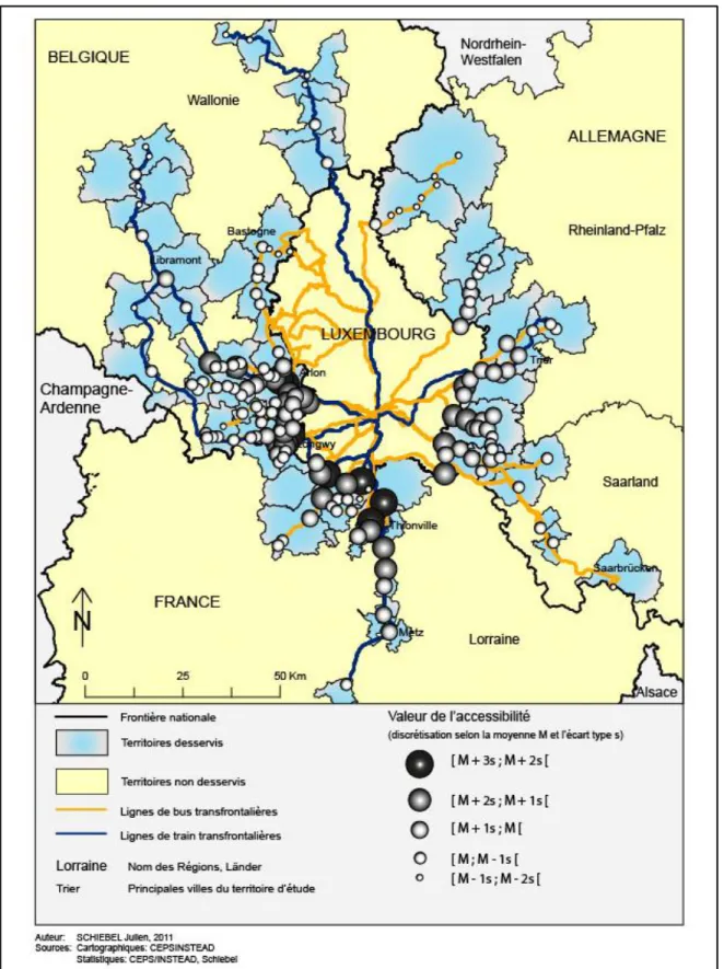Figure 5 : Mesure de l’accessibilité gravitaire actuelle au Grand-Duché de Luxembourg par  localité entre 6h et 9h 