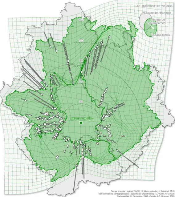 Figure 6 : Carte par anamorphose du temps d’accès à la commune de Luxembourg en heure de  pointe, situation simulée en 2025 