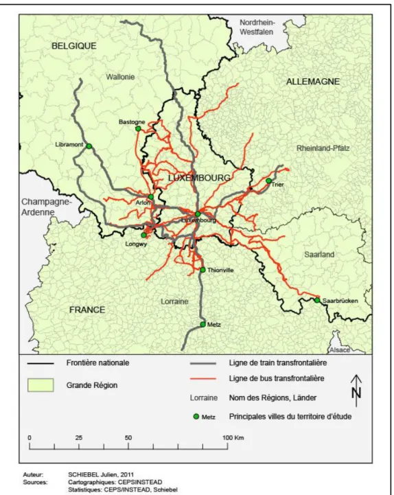 Figure 1: Lignes transfrontalières de transport en commun entre le Luxembourg et ses pays  voisins en 2010 