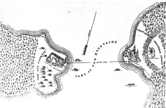 Figure 9 Interprétation d’une vue aérienne du fort Senneville et du fort de l’île aux Tourtes en 1720 (Stewart 2000: 120, tiré de Girouard, Lake Saint Louis, p.l70.) Vaudreuil, devient un lieu de traite privilégié