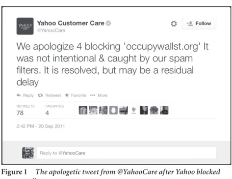 Figure 1  The apologetic tweet from @YahooCare after Yahoo blocked  occupywallst.org