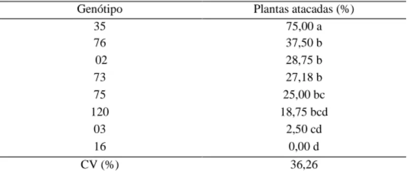 Tabela  1.  Médias  de  plantas  de  diferentes  genótipos  de  Coffea  canephora  atacadas  por  Xylosandrus  compactus