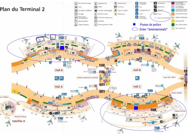 Figure 3 : Localisation de zones internationales dans l‘aéroport de Roissy En localisant le contrôle à l’intérieur de cette zone pour bénéficier de son (absence  de)  statut  juridique,  l’administration  française  organise,  met  en  place  et  ajuste  p