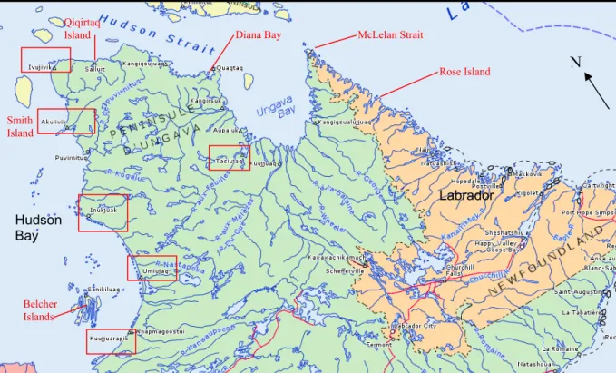 Figure 7: Map indicating locations of sites mentioned in this section in red  (Atlas of Canada: http://atlas.nrcan.gc.ca/site/english/maps/topo/)