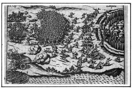 Fig. 1 : Assaut du village de Lambaré par les troupes d’Ayolas (11 janvier 1537). Gravure  illustrant l’une des éditions anciennes du Voyage au Río de la Plata et au Paraguay d’Ulrich  Schmidl (source : Pistilli, 1987, p