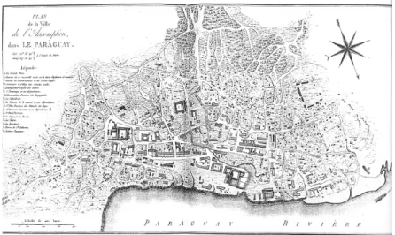 Fig.  6 :  Plan  d’Asunción  établi  par  Félix  de  Azara  en  1786.  Planche  XIV  de  l’« Atlas »  annexé  aux  Voyages  dans  l’Amérique  Méridionale,  Paris,  1809  (source :  Duarte  de  Vargas,  2001) 