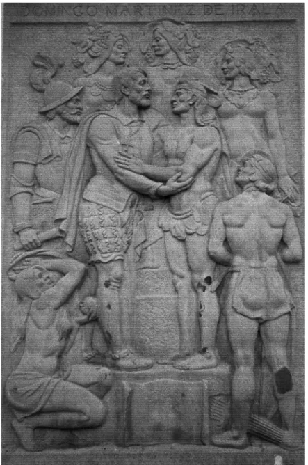 Fig. 8 : Bas-relief figurant l’alliance entre Domingo Martínez de Irala et les Karió. Front  de la Cathédrale d’Asunción (cliché Christine Pic-Gillard) 