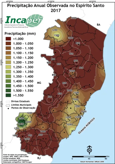 Figura 3  -  Mapa das precipitações observadas no Espírito Santo no  ano de 2017 mostrando os volumes acumulados neste  período nos municípios capixabas