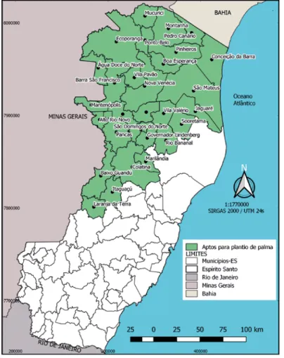 Figura 6  -  Mapa dos municípios do Estado do Espírito Santo  zoneados para o cultivo da palma no ano de 2019.