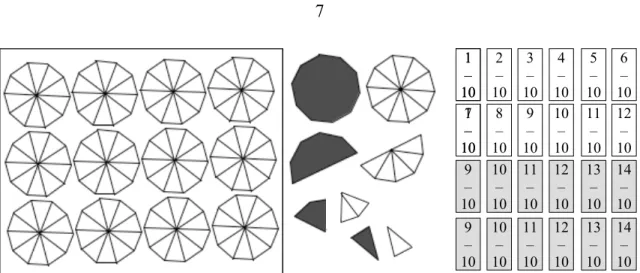 figure 2. le plateau du jeu avec les décagones, les pièces correspondantes (recto/verso)  et les différentes cartes de deux tas de couleurs possibles