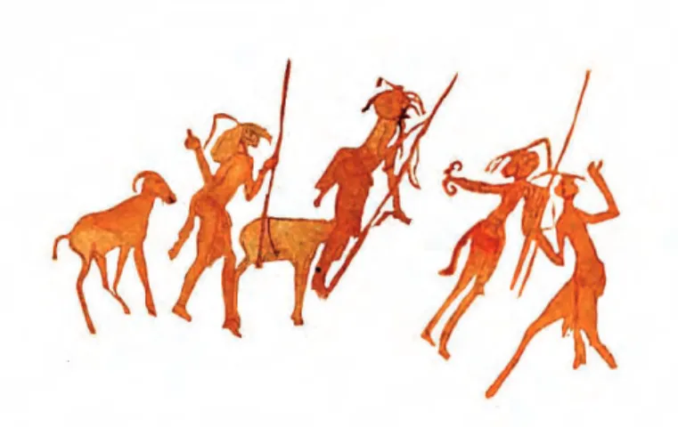 Figure 82 – Iheren (Tassili-n-Ajjer, Algérie). Détail : lion dévorant une  antilope, surpris par un groupe de chasseurs (relevé d’après H