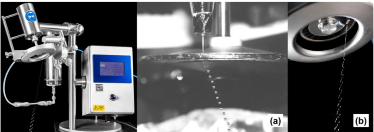 Figure 4. Image showing the table top JetCutter machine on the left and different Jet cutting tools  producing a single stream of droplets; image reproduced with permission from [83] (a) and  multi-stream of droplets (b)