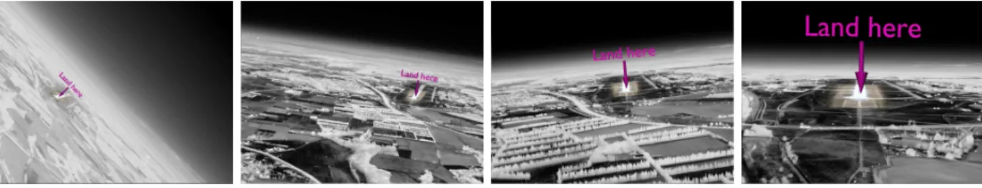 Figure 11: Augmenting the infrared images with the satellite appearance of the runway and an additional “land here” sign.