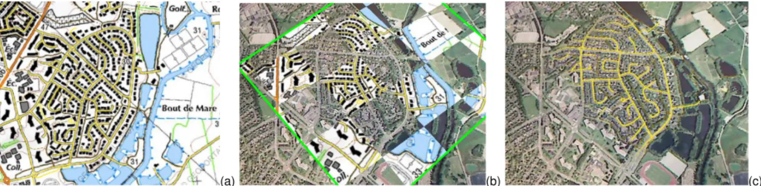 Figure 1: Augmenting an aerial image through MI-based tracking. An image template (a) extracted from a geographic map is registered in real-time with an aerial image (b)