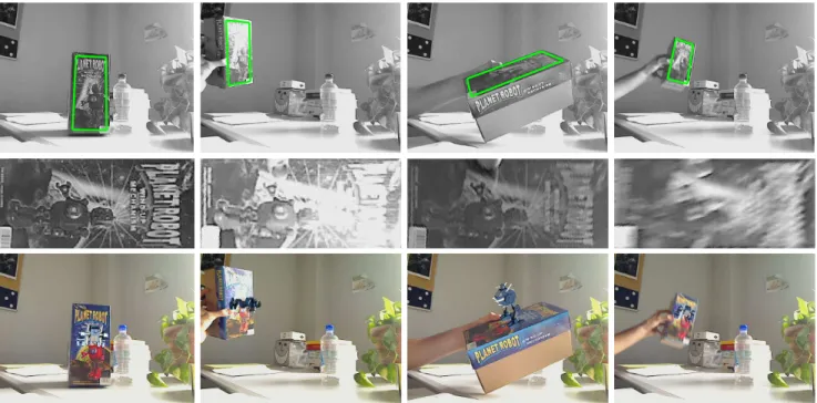 Figure 7: Tracking of a planar object through illumination variations. First row: frame 0, 200, 400 and 600