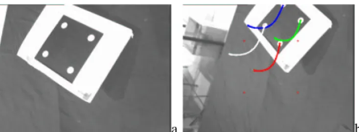 Fig. 2. Experiment with the 4-Points task. (a) Initial image. (b) Features trajectories in the image