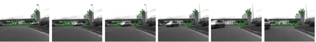 Fig. 7. Images obtained during the execution of a navigation experiment. The points used for navigation re-appear after being occluded and disoccluded by a moving car.
